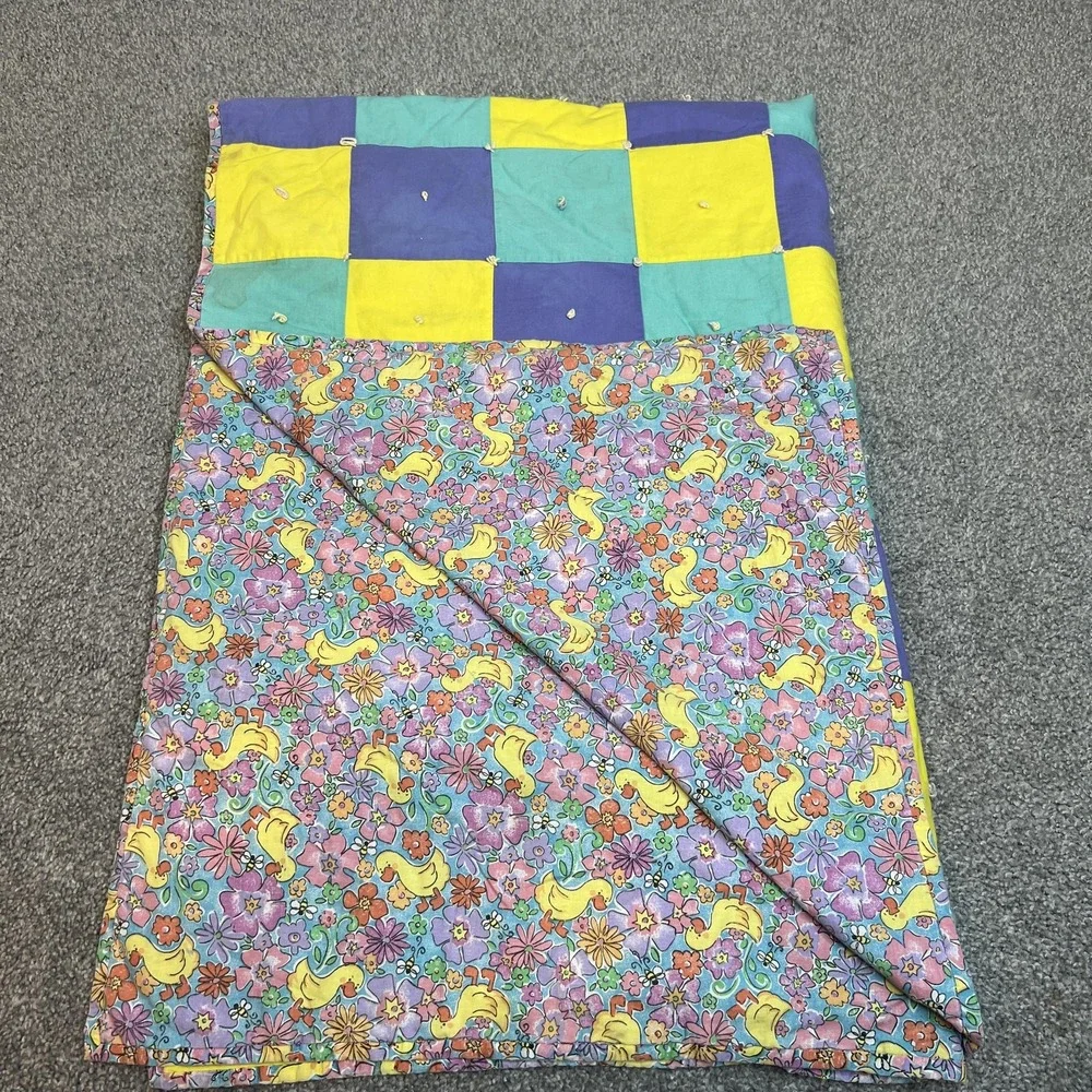 Vintage Handmade Baby Quilt Blanket‎ Ducks Floral Reversible Pastel 36x36in